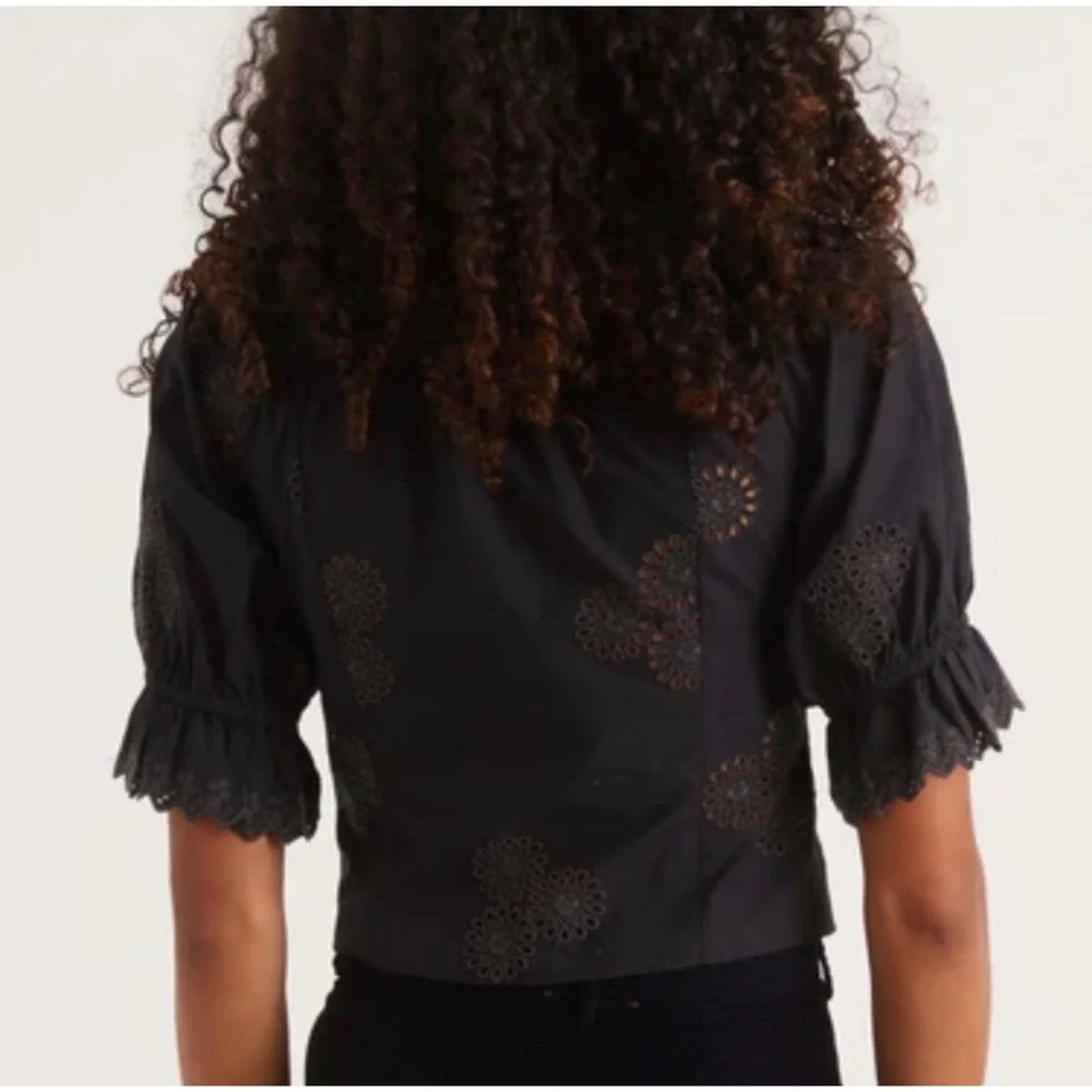 LoveShackFancy Anala Top Black Cotton Eyelet‎ Puff Sleeve Cropped Size 4 Womens